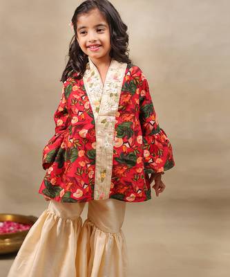 Red printed chanderi kurta set 3