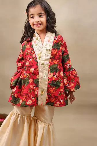 Red printed chanderi kurta set