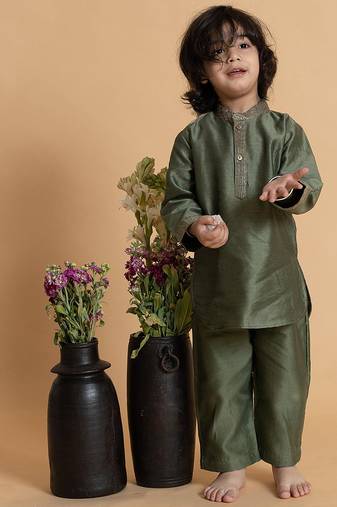 Green embroidered chanderi nehru jacket set