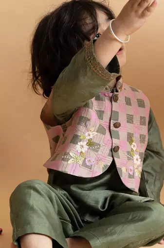 Green embroidered chanderi nehru jacket set