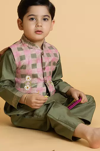 Green embroidered chanderi nehru jacket set