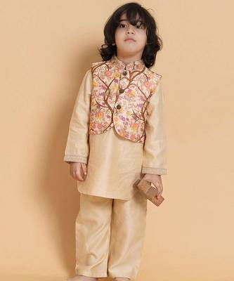 Gold printed chanderi nehru jacket set 1