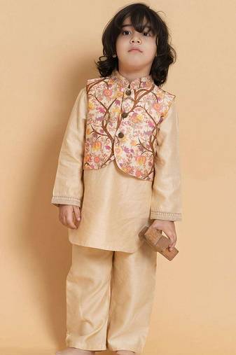 Gold printed chanderi nehru jacket set