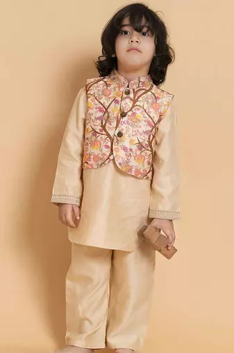 Gold printed chanderi nehru jacket set