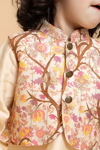 Gold printed chanderi nehru jacket set