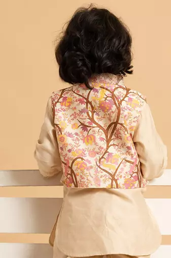 Gold printed chanderi nehru jacket set