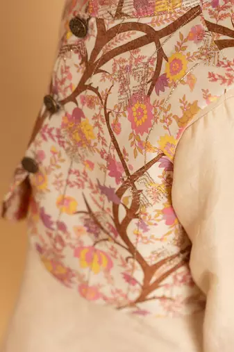 Gold printed chanderi nehru jacket set