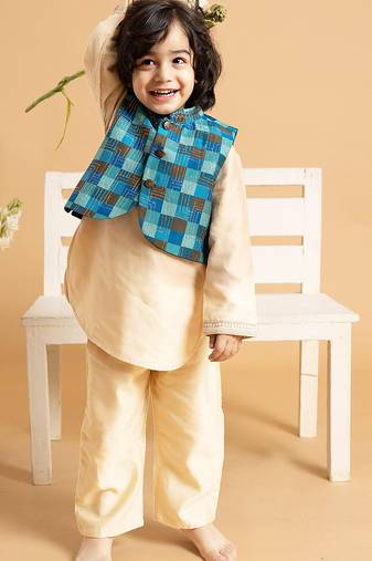 Beige plain chanderi nehru jacket set