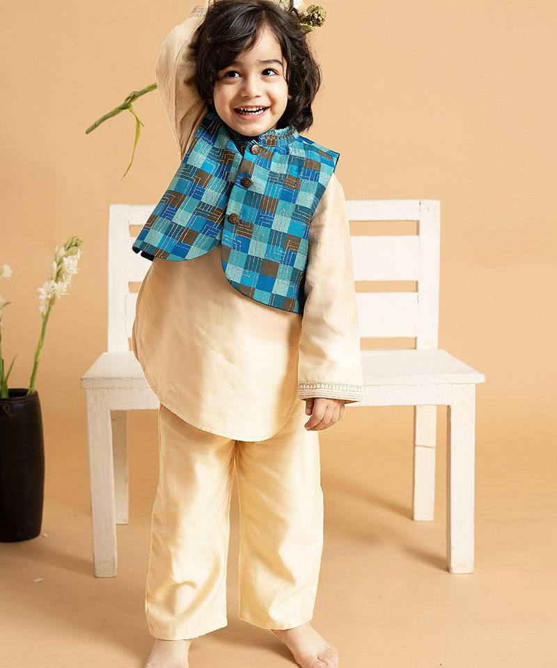 Beige plain chanderi nehru jacket set