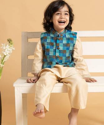 Beige plain chanderi nehru jacket set 3