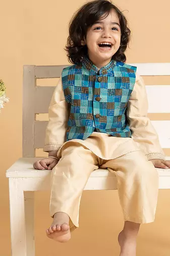 Beige plain chanderi nehru jacket set