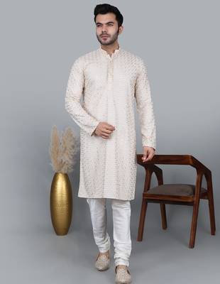 cream cotton silk kurta with chikankari work 1