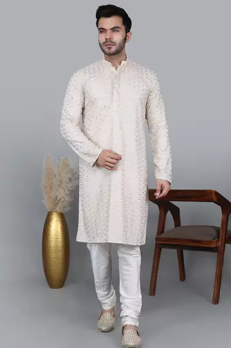 Men's cream cotton chikankari embroidered kurta with cream churidar (rg-50713-36)