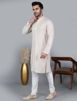 cream cotton silk kurta with chikankari work 2
