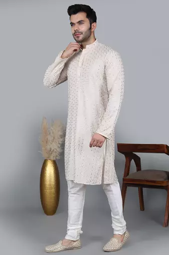 cream cotton silk kurta with chikankari work