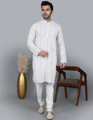 men’s cream cotton silk sequin thread work kurta churidar set 1