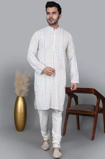 Men's cream sequence tread work kurta with cream churidar (rg-50622-36)
