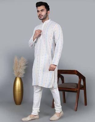 men’s cream cotton silk sequin thread work kurta churidar set 2