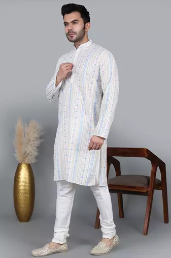 men’s cream cotton silk sequin thread work kurta churidar set