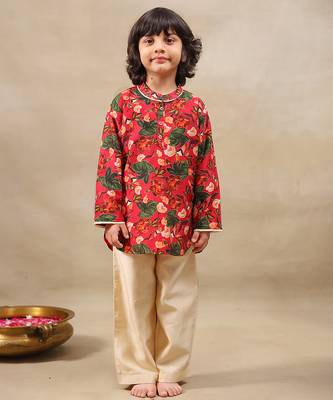 Red printed chanderi kurta set 1
