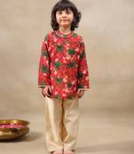 Red printed chanderi kurta set