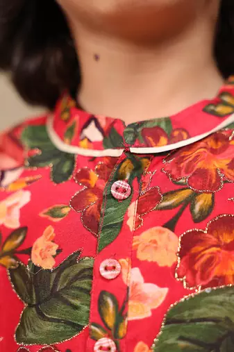 Red printed chanderi kurta set