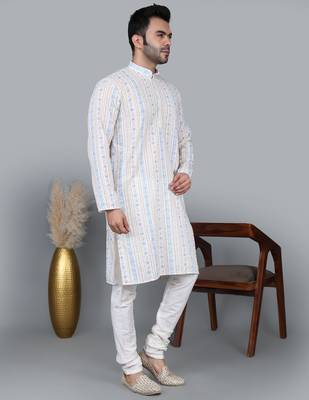 men’s cream cotton silk sequin thread work kurta churidar set 3