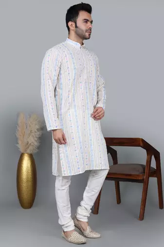 men’s cream cotton silk sequin thread work kurta churidar set