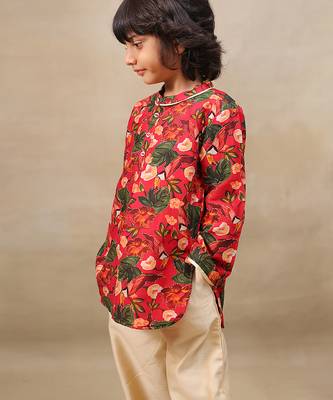 Red printed chanderi kurta set 3