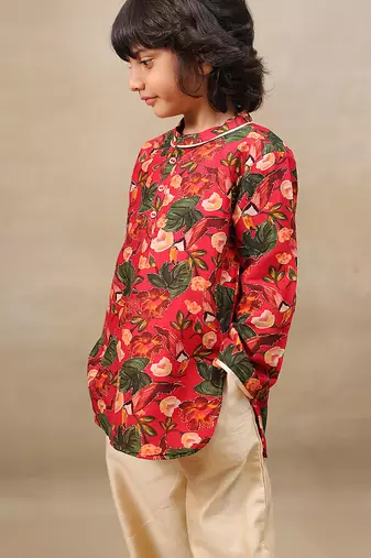 Red printed chanderi kurta set