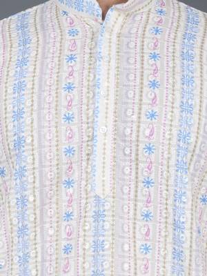 men’s cream cotton silk sequin thread work kurta churidar set 4