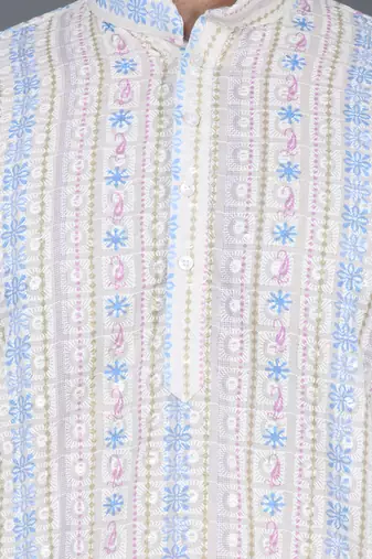 men’s cream cotton silk sequin thread work kurta churidar set