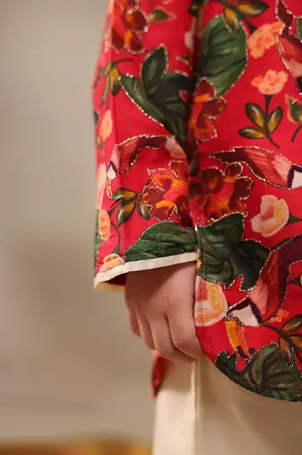Red printed chanderi kurta set