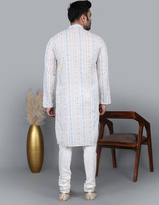 men’s cream cotton silk sequin thread work kurta churidar set 5