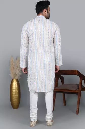 men’s cream cotton silk sequin thread work kurta churidar set