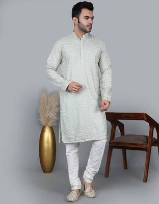 Men's pista green cotton chikankari embroidered kurta with cream churidar (rg-50711-36) 1