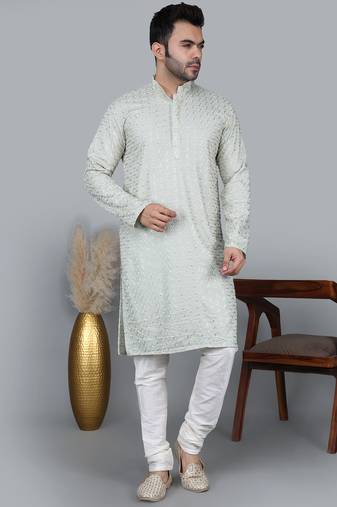 Men's pista green cotton chikankari embroidered kurta with cream churidar (rg-50711-36)