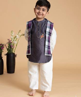 Purple plain chanderi nehru jacket set 1