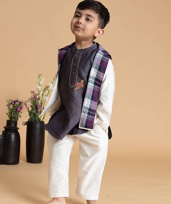 Purple plain chanderi nehru jacket set 2
