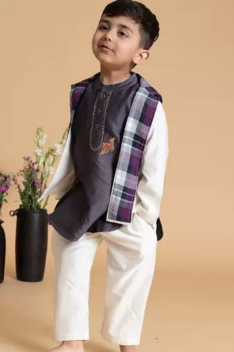 Purple plain chanderi nehru jacket set