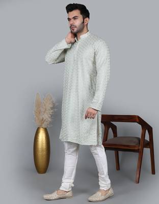 Men's pista green cotton chikankari embroidered kurta with cream churidar (rg-50711-36) 2