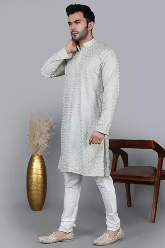 Men's pista green cotton chikankari embroidered kurta with cream churidar (rg-50711-36)