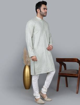 Men's pista green cotton chikankari embroidered kurta with cream churidar (rg-50711-36) 3