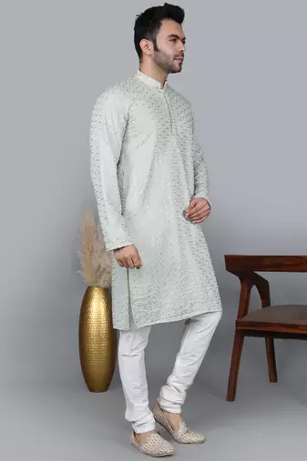 Men's pista green cotton chikankari embroidered kurta with cream churidar (rg-50711-36)