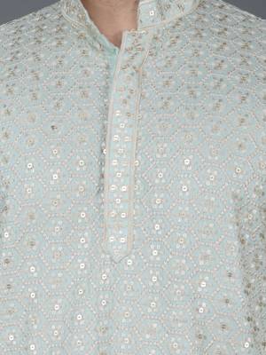 Men's pista green cotton chikankari embroidered kurta with cream churidar (rg-50711-36) 4