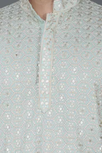 Men's pista green cotton chikankari embroidered kurta with cream churidar (rg-50711-36)