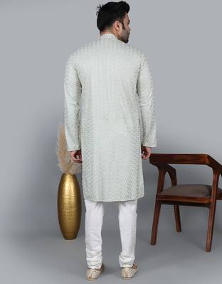 Men's pista green cotton chikankari embroidered kurta with cream churidar (rg-50711-36) 5