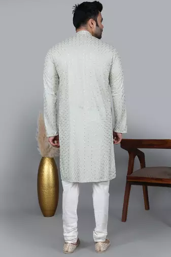 Men's pista green cotton chikankari embroidered kurta with cream churidar (rg-50711-36)