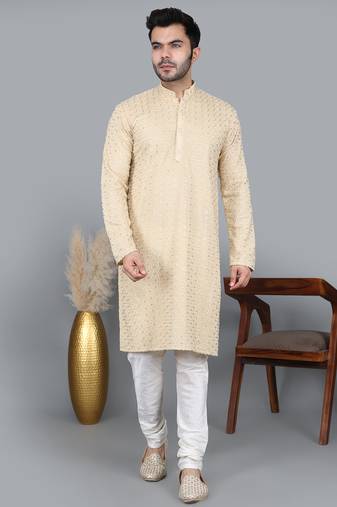 Men's gold cotton chikankari embroidered kurta with cream churidar  (rg-50712-36)