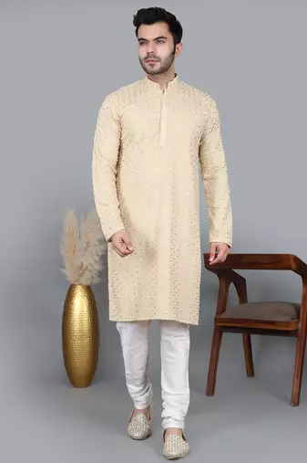 Men's gold cotton chikankari embroidered kurta with cream churidar  (rg-50712-36)